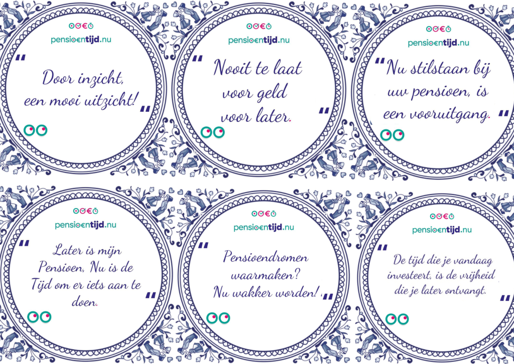 Inspirerende pensioenquotes op Delfts blauw tegels.